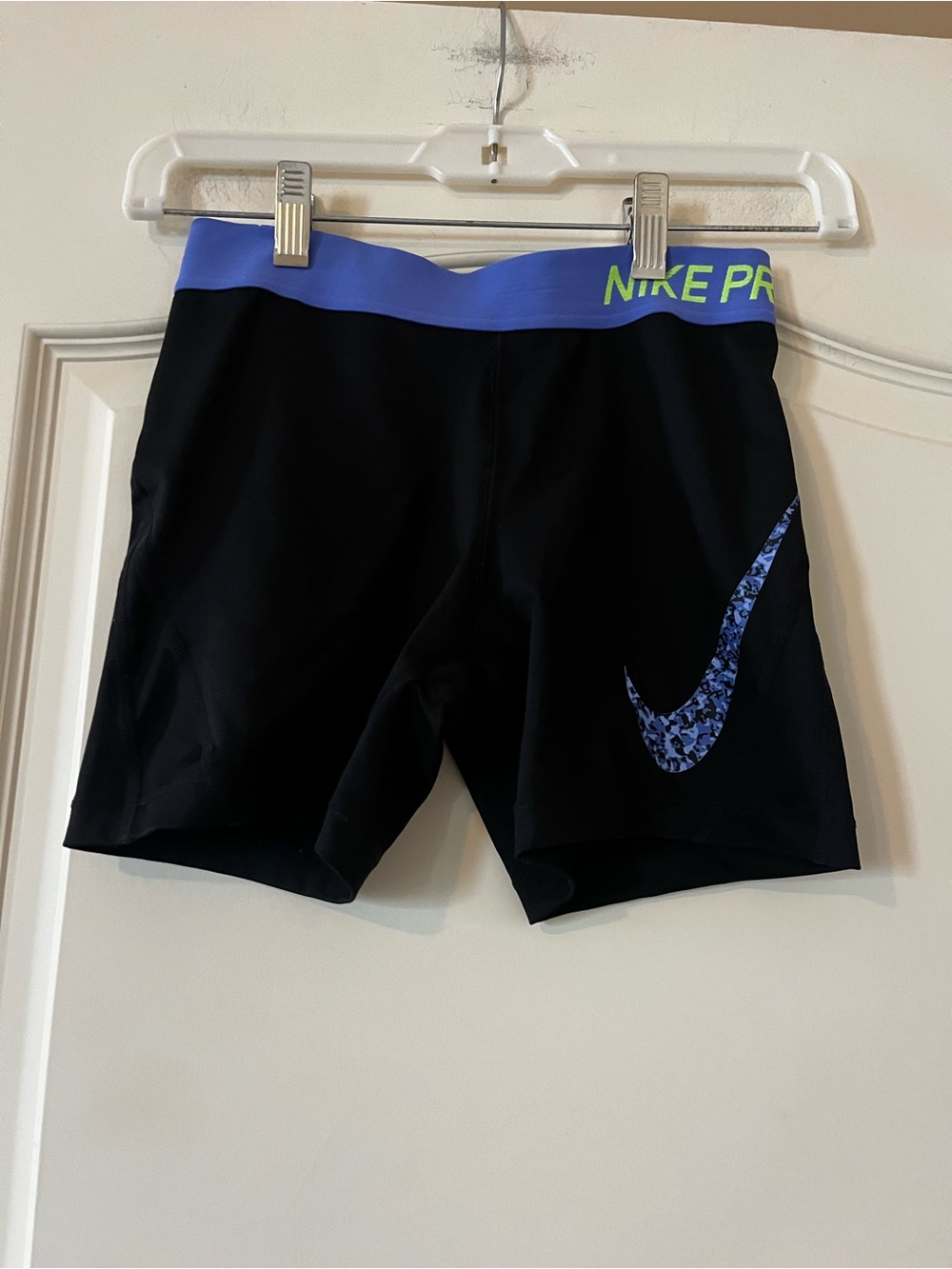 Kids Nike Black Compression Shorts with Blue Waistband and Blue Swoosh YLarge
